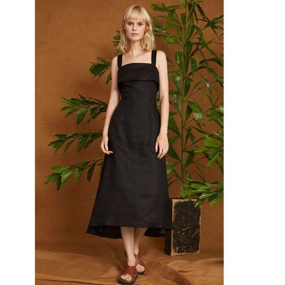 Luxely Huxely 100% Linen Midi Lined Dress, Black Meteorite,‎ Size 14, NWT - Picture 1 of 6